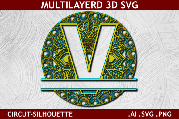 Split Alphabet Layered V Letter Mandala: 3D SVG Shapes